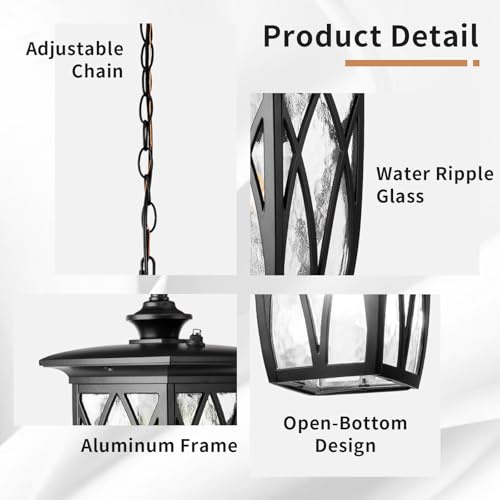Image of JYZ Dusk to Dawn Outdoor Pendant Lantern, 12 Inch Craftsman Style Exterior Hanging Light with Water Ripple Glass, Traditional Outdoor Chandelier for Front Porch Patio Garden Gazebo Pergola