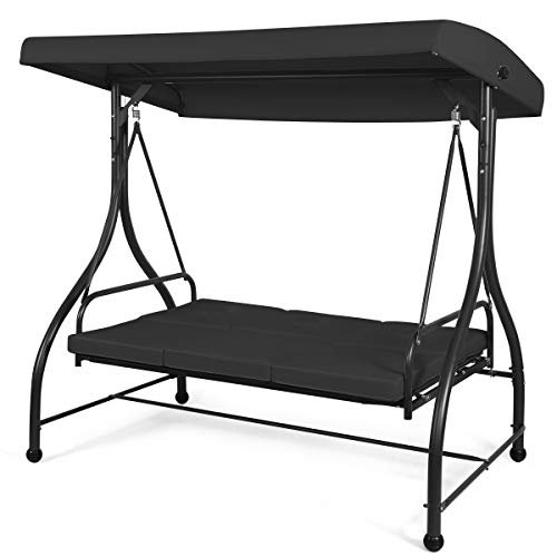 Tangkula 3 Seats Converting Patio Swing, Outdoor Porch Garden Canopy Swing With Comfortable Cushion Seats & Adjustable Tilt Canopy, Heavy Duty Hammock 3 Persons Porch Swing (Black) #TOP7