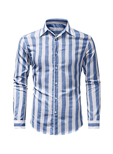 Jolicloth Herren Hemd Lanngarm Gestreiftes Freizeithemd Casual Businesshemd Regular Fit Shirts für Sommer Herbst Blau M Cover