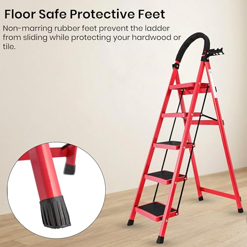 Image of Norman Jr Red 5 Step Ladder for Home Use with Built-in Tool Tray | Heavy Duty D Shape Rods | Ultra Large Platform | Wide Rubber Feet | 150Kg Capacity Foldable Ladder - 7 Years Warranty