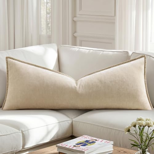 Image of decorUhome Fall Chenille Soft Cozy Throw Pillow Covers 14x36 Set of 1, Modern Farmhouse Boho Velvet Decorative Pillow Cases with Stitched Edge for Couch Sofa Bed Home Decor, Beige