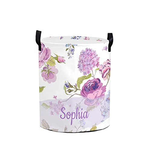 Laundry Basket Purple Floral Custom Name Laundry Bag Hamper Collapsible Oxford Cloth Home Storage Bin with Handles