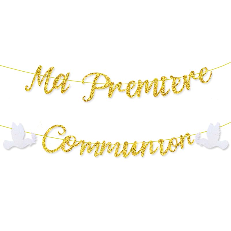 Bannière Première Communion Pailletée Or avec Colombe – Guirlande de Communion Chrétienne, Décoration de Fête pour Célébration de Première Communion