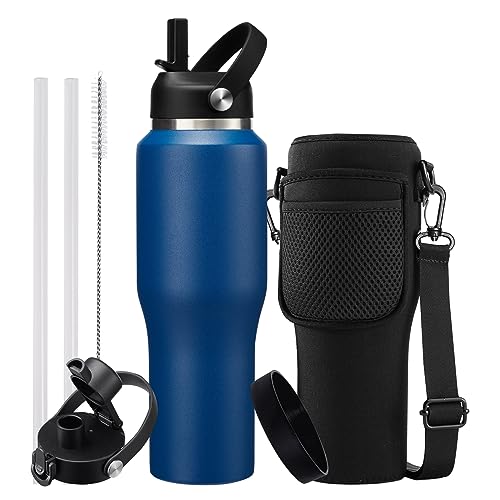 Image of 32oz Insulated Water-Bottle with Straw - Carrier Strap Bag, Keeps Cold 48h & Hot 24h, Metal Water Bottles 32 oz Cups with Lids for Gym /Hiking