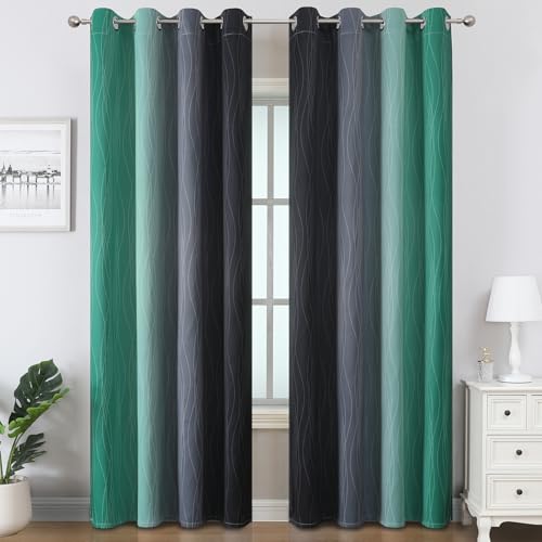 Image of Estelar Textiler Black and Green Ombre Blackout Curtains 84 Inch Length 2 Panels Set for Living Room, Energy Saving Thermal Insulated Light Blocking Grommet Window Drapes for Bedroom,52Wx84L,2 Panels