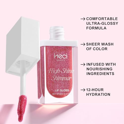 HECI BEAUTY Glitter Lip Gloss, Hydrating High Shine Lipgloss for Women, Non-Sticky Plumping Lip Oil with Vitamin E, Long Lasting Shimmer Finish for Daily Makeup, Fuchsia, 0.21 fl oz — view 4