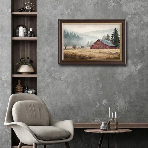 Image of Antique Framed Red Barn Canvas Art, Misty Mountain Farmhouse Landscape Canvas Prints, Vintage Watercolor Wall Decor Pictures for Living Room Bedroom Bathroom