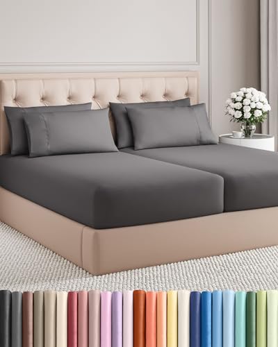 Image of Split King 7 Piece Bed Sheet Set - Comfy, Breathable & Cooling - Dark Grey | Ultra-Soft Hotel Luxury Bedding Set w / 8-16 Inch Deep Pockets, 1 Flat & 2 Fitted Sheet & 4 Pillowcases, Wrinkle & Fade Free