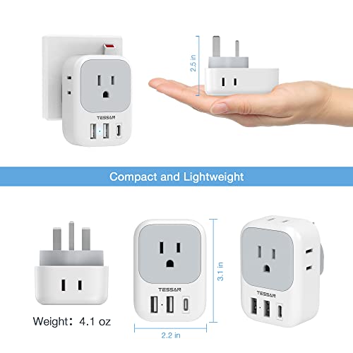 Us To Uk Plug Adapter, Tessan Type G Travel Converter With 3 Usb Charger(1 Usb C Port), 4 Outlets Power Adaptor For Usa To Qatar Ireland Hong Kong England Scotland Kenya Dubai London British #TOP5