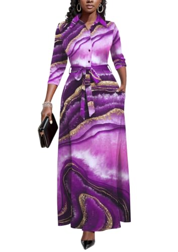 Image of Runwind Women Church Maxi Dresses 3 /4 Sleeve Button Down Print Casual Office Dress African