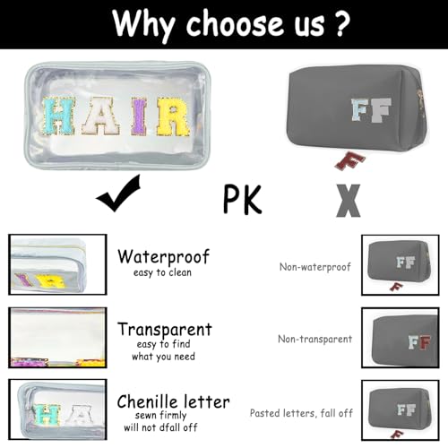 Chenille Letter Clear Makeup Bag Hair Patch, Travel Toiletry Makeup Bag with Handle, Nylon Waterproof Makeup Bags clear cosmetic bag, preppy patch makeup bag for Women (HAIR-Beige)4