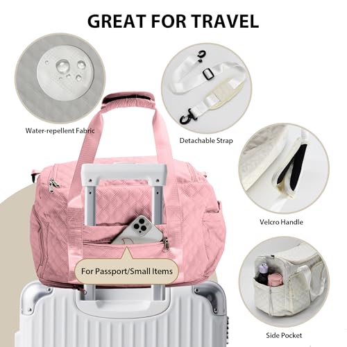Waterproof Travel Duffel Bag, Weekender/Overnight Bag with Toiletry & Shoes Compartment, Quilted Carry-on Hospital Labor Bag (Pink)3