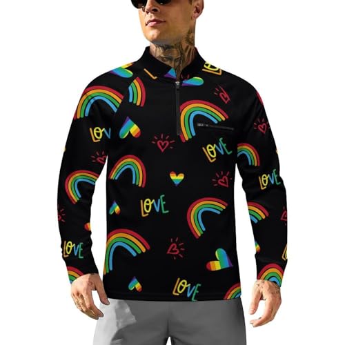 Rainbow and Love of LGBT Men's Rash Guard Long Sleeves Quick Dry Fishing Workout Shirts with Zipper