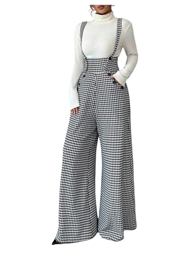 Milumia Women's Houndstooth Print Overalls Jumpsuit Casual Sleeveless Wide Leg