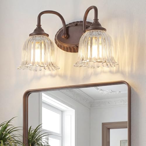 Image of Oil Rubbed Bronze 2-Light Bathroom Light Fixtures with Floral Glass Shade