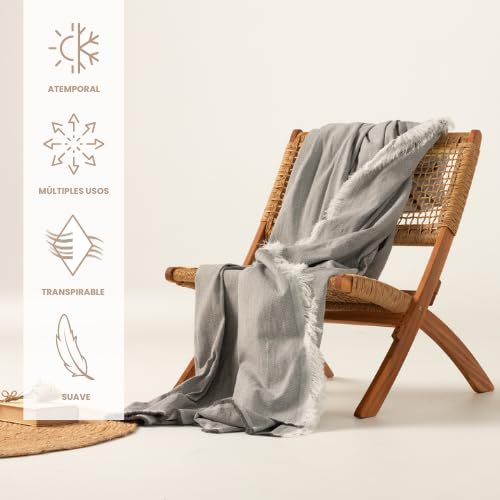 GAMUSI Mehrzweck-Sofaüberwurf, Picknickdecke, Jarapa Foulard Bettüberwurf, Sofadecken aus glatter Baumwolle – 180x140 cm, Hellgrau