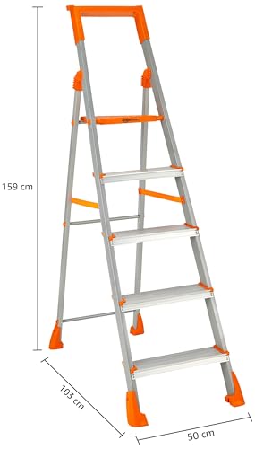 Image of Amazon Basics Clamber Pro+ - Foldable Step Ladder with Tool Tray, Firm Grip, 5 Steps (Aluminium Steps, Orange & Satin)