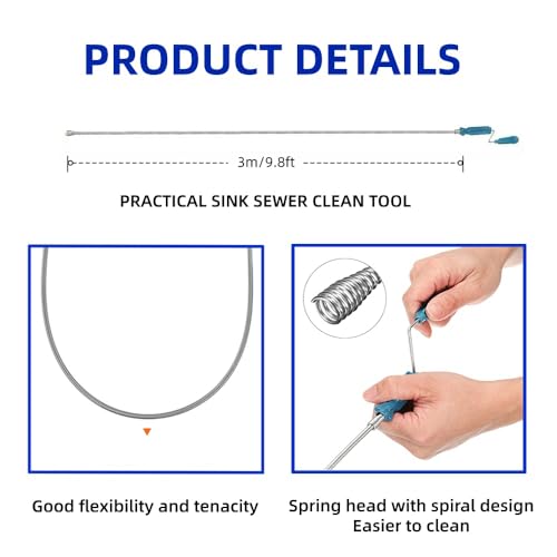 Image of 9.8Ft Stainless Steel Flexible Drain Cleaner Tool,Snake Drain Hair Remover tool for Kitchen Bathroom Shower Sink Toilet Bathtub