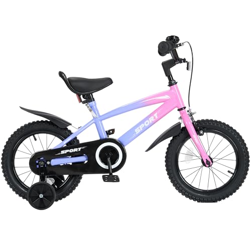 BODIOO Kids Bike Bicycle 14 Inches Kid Bicycle for Boys Girls with Training Wheels Sturdy Frame Adjustable Seat Handbrake and Coaster Brake for Rider 37 to 42 Inch（Gradient Purple）