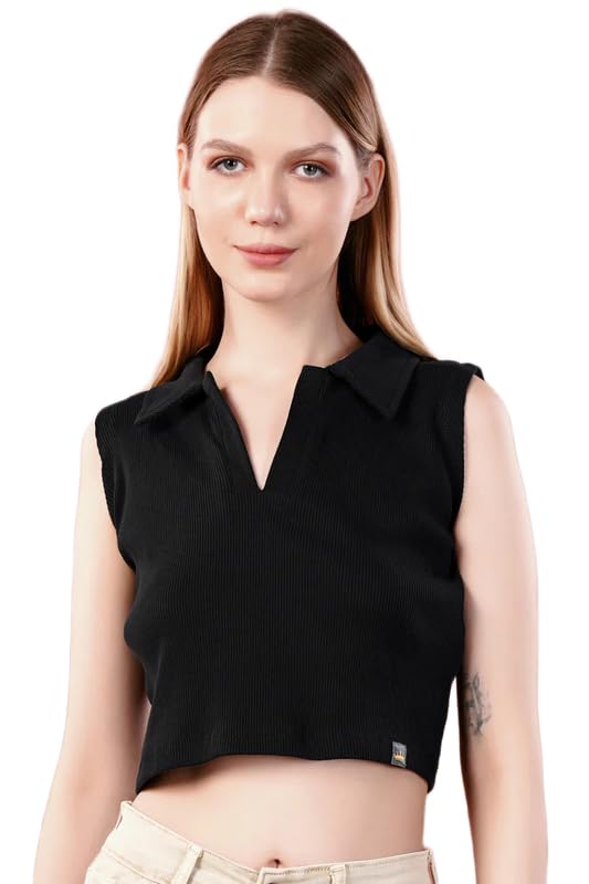 french crown Jade Black Premium Cotton Knit Stretchable Crop Top with Polo Collar-picture-20
