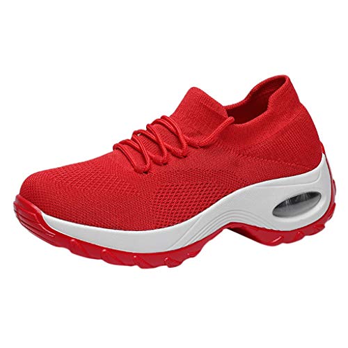 Clearance bargains Women's Trainers Wide Fit Wedge Jogging Sneakers Casual Fashion Non Slip Walking Shoes Lightweight Low Top Lace Up Orthopedic Cushion Walk Shoes for Women Red 4