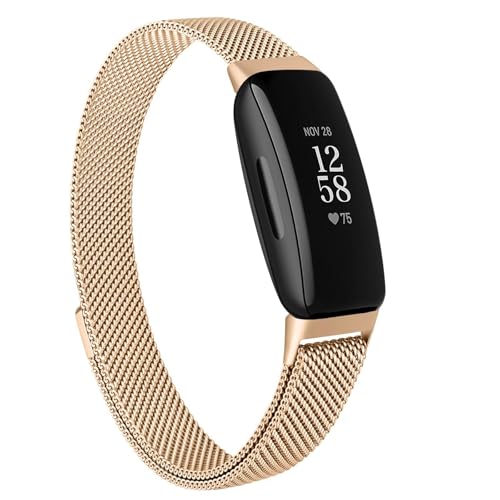 Stainless Steel Metal Replacement Bands for Fitbit Inspire 2/HR/Ace 2 Fitness Tracker - Women Men (Rose Gold)