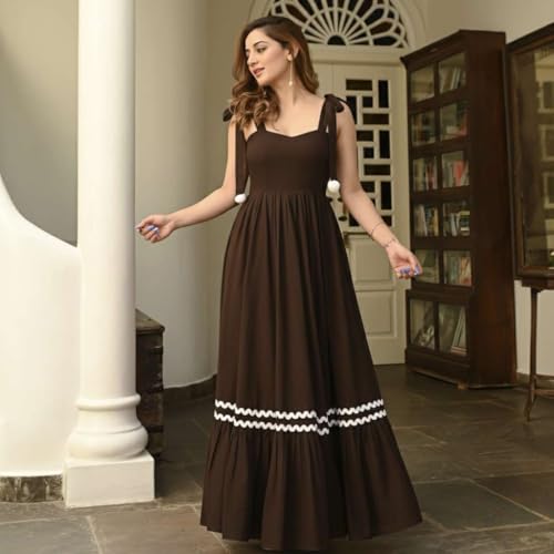 Image of Women's Elegant Long Maxi Gown with Shoulder Ribbon Tie-Up, Stylish & Trendy - Fit and Flare Sleeveless Square Neckline Western Dress, Casual Dress for Women