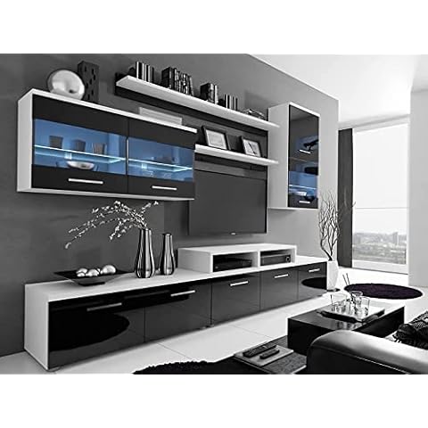 lukmebel Wohnwand ALFA Schwarz Hochglanz Schrankwand Anbauwand Mediawand TV-Schrank Cover
