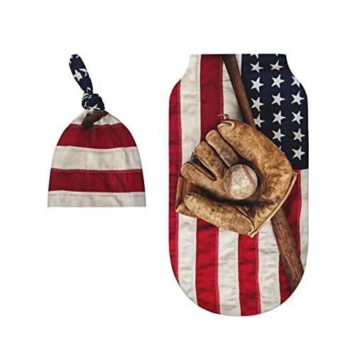 Image of Ykklima Baseball American Flag Pattern Baby Newborn 100% Cotton Swaddle Blanket with Beanie Hat Set Cotton Receiving Blankets Sleep Sack for Girls Boys Infant Gifts