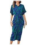 MakeMeChic Women's High Waist Belted Shirt Dress High Split Printed Collar Neck Short Sleeve Midi Dress Blue and Green Large