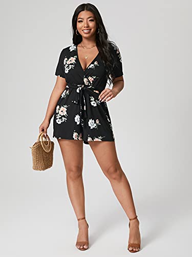 Romwe Women's Plus Floral Summer Boho Deep V Neck Short Sleeve Romper Jumpsuit Playsuit Black Cc 1Xl #TOP10