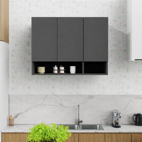 Image of 3 Door Multipurpose Wall Mounted Cabinet with Adjustable Shelf | Storage for Kitchen, Bathroom, Bedroom, Office & Living Room | Assembly-DIY | Color-Grey | Size-90x33x63.8 Cm