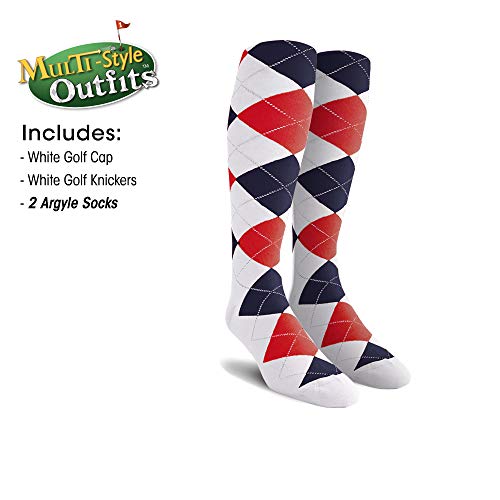 Mens Multi Style White Golf Outfit - Matching Knickers and Cap - Two Over-The-Calf Golf Socks3