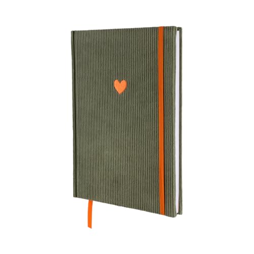 Loveria Notizbuch A5 Dotted | Hardcover aus Cord | Mit Herz-Stickerei & Verschlussband, 192 Seiten, 80 g/m² | Stilvolles Bullet Journal | Punktraster Planer | Salbei