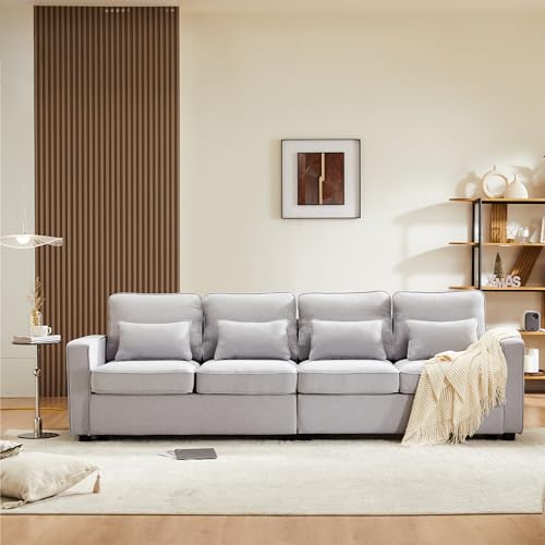 HAINEW Sofá moderno de 4 plazas con bolsillos para reposabrazos y 4 cojines, tela de lino, tapizado para salón, apartamento, oficina (gris)