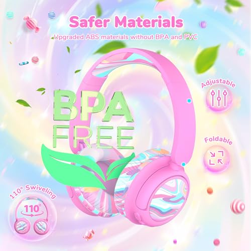 Image of iClever BTH22 Kids Bluetooth Headphones, 60H Play Time, 74 /85 dBA Safe Volume, Bluetooth 5.4, USB C, Over Ear Kids Headphones Wireless with Mic AUX Cord for iPad /Tablet /Travel /School, Pink-Stripe