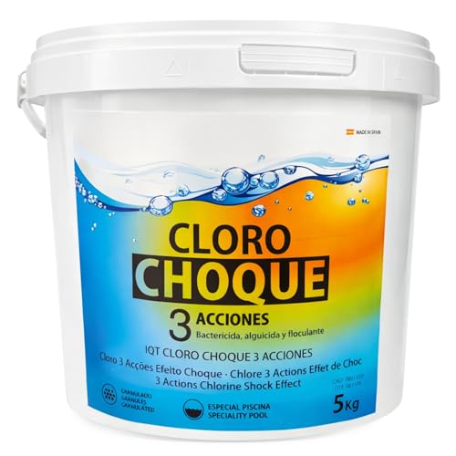 Cloro 3 Acciones, Recuperador Agua Piscina deteriorada, Tratamiento Inicial de la Piscina, Choque rápido, Bactericida, Algicida, Floculante, Fabricado en España, Forma Producto Granular, Contiene 5 Kg