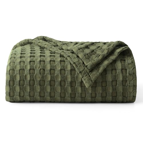 Image of Bedsure Cooling Cotton Waffle Weave Throw Blanket - Lightweight Breathable Blanket of Rayon Derived from Bamboo for Hot Sleepers, Luxury Throws for Bed, Couch and Sofa, Olive Green, 50x70 Inches