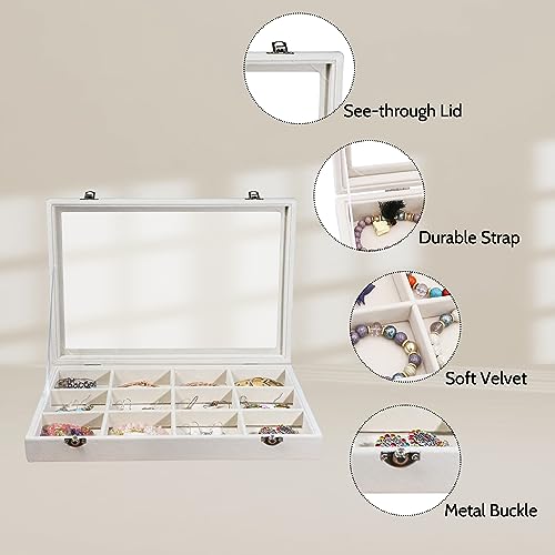 Stratalife Jewelry Organizer Bracelet Organizer Storage Box 12 Grid Stackable Jewelry Tray with Lid Velvet Jewelry Box for Drawer Necklace Bracelet Display Storage Organizer Box (Beige)