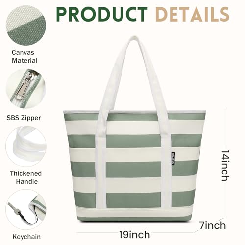 Image of Large Canvas Tote Bag for Women, Beach Bag with Zipper, Utility Tote Bag with 3 Front Pockets, Weekender Pool Bag