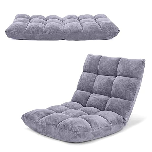 COSTWAY Floor Chair, Video Gaming Chairs with Back Support, Adjustable 14-Position, Alloy Steel Frame, Soft Coral Fleece, Lazy Sofa Lounge for Reading Living Room Recliner for Adults Kids, Grey