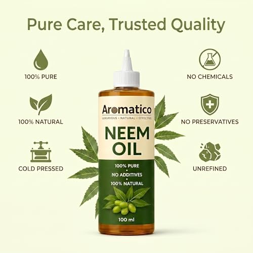 Image of AROMATICO Cold Pressed Neem Oil for Hair, Scalp & Skin - Neem Hair Oil for Dandruff, Scalp Care & Hair Growth | Natural Plant Care Oil | 100ml
