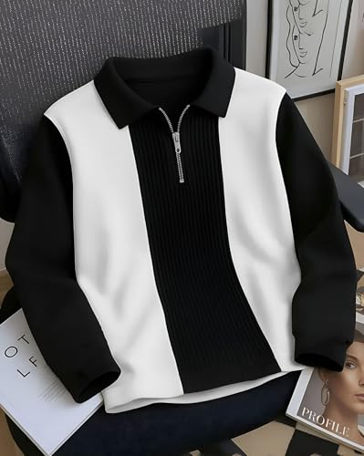 Image of Mens Stylish Half Zipper Collared Neck Tshirt, Casual Texture T-Shirt for Men, Formal Full Sleeves T-Shirt for Boys, Texture Tshirs for Boy
