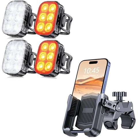 Zewdov Bike Accessories - Bike Lights for Night Riding 2 Set [4+6 Modes][Rechargeable+Waterproof IP65], Bike Phone Mount [Camera Friendly][Built-in AirTag Holder] Cover