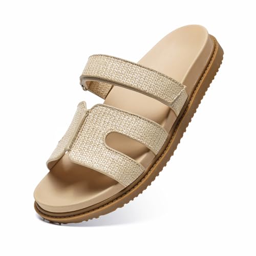 ZEENXIUYA Women's Slide Sandals with Comfort Arch Support, Adjustable Velcro Summer Beach Slides, Lightweight Slip on H-Strap Leather Open Toe Wide Flat Sandal - image 1