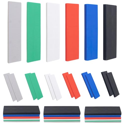 Image of 120 PCS Plastic Flat Shims Assorted Size Structural Tile Shims for Leveling, Six Sizes (3 /64, 5 /64, 1 /8, 5 /32, 13 /64, 15 /64 Inch), Grey, Green, White, Red, Blue and Black