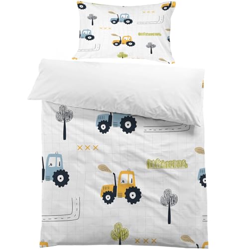 PNHCL Housse de Couette 140x200 cm Tracteur 2 Personne, avec 2 Taie d'oreiller Parure de Lit Thème FermeRéversible Microfibre, Housse de Couette Enfant,...