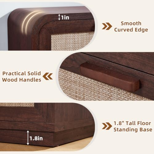Image of LEYAOYAO Rattan 6 Drawer Dresser for Bedroom, Walnut | Modern 49 inch Wide Curved Dressers & Chests of Drawers with Solid Wood Handle & 5 inch Deep Drawers & Anti-Tip Safety