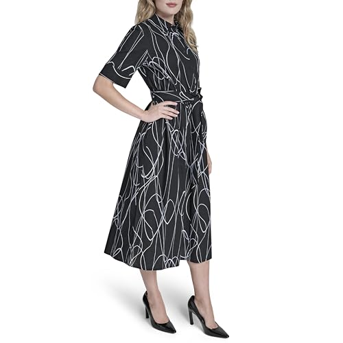 Image of DKNY Women's Short Sleeve Cotton Poplin Collared Midi Shirtdress