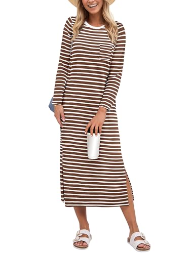 Image of ANRABESS Womens 3 /4 Sleeve Midi T Shirt Fall Dresses | Striped Solid Floral,Long Sleeve Slit Crew Neck &Chest Pocket,2026 Fall Outfits,Casual Travel Vacation Clothes,Summer Spring